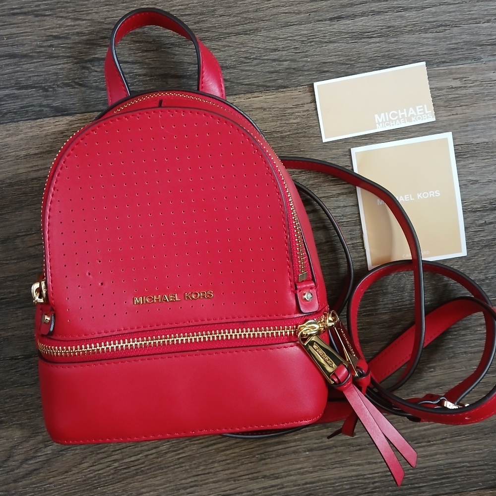 New Michael Kors Rhea Zip Mini Perforated Leather Backpack in Bright Red. - Picture 13 of 16